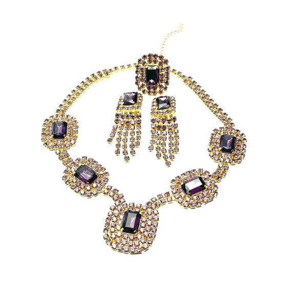 Jewelry - Vintage 1980s Czech Crystal  Parure—Deep Purple Crystal Rhinestone Set — EUC